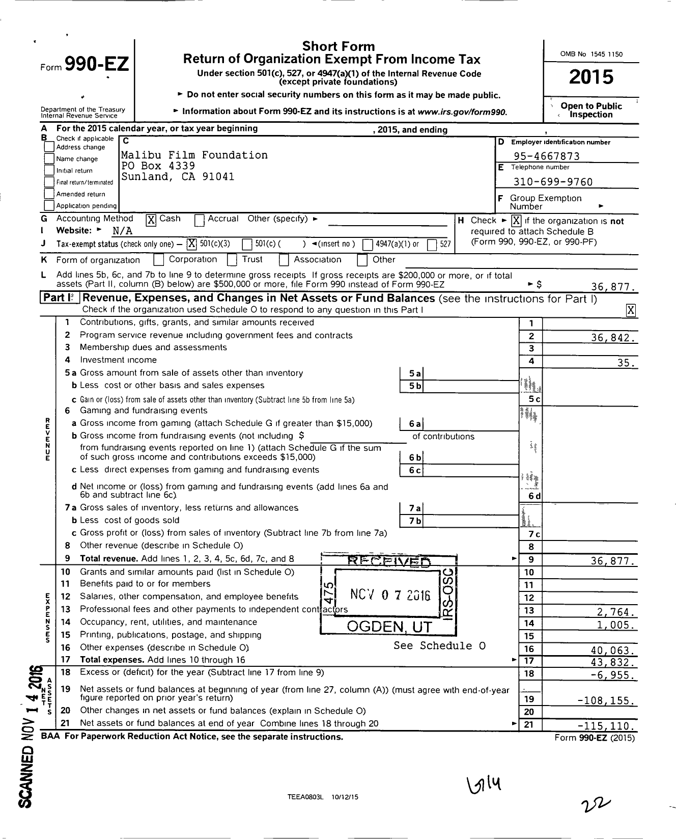 Image of first page of 2015 Form 990EZ for Malibu Film Foundation