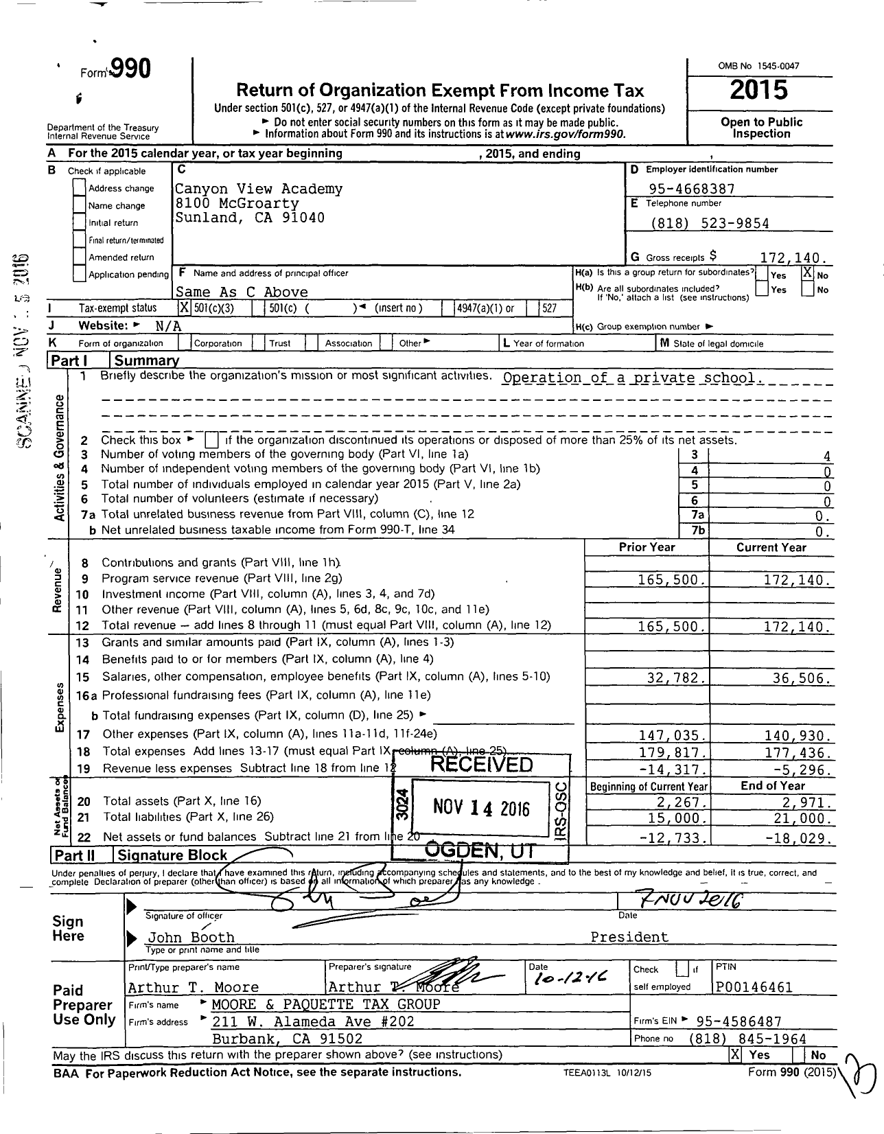 Image of first page of 2015 Form 990 for Canyon View Academy