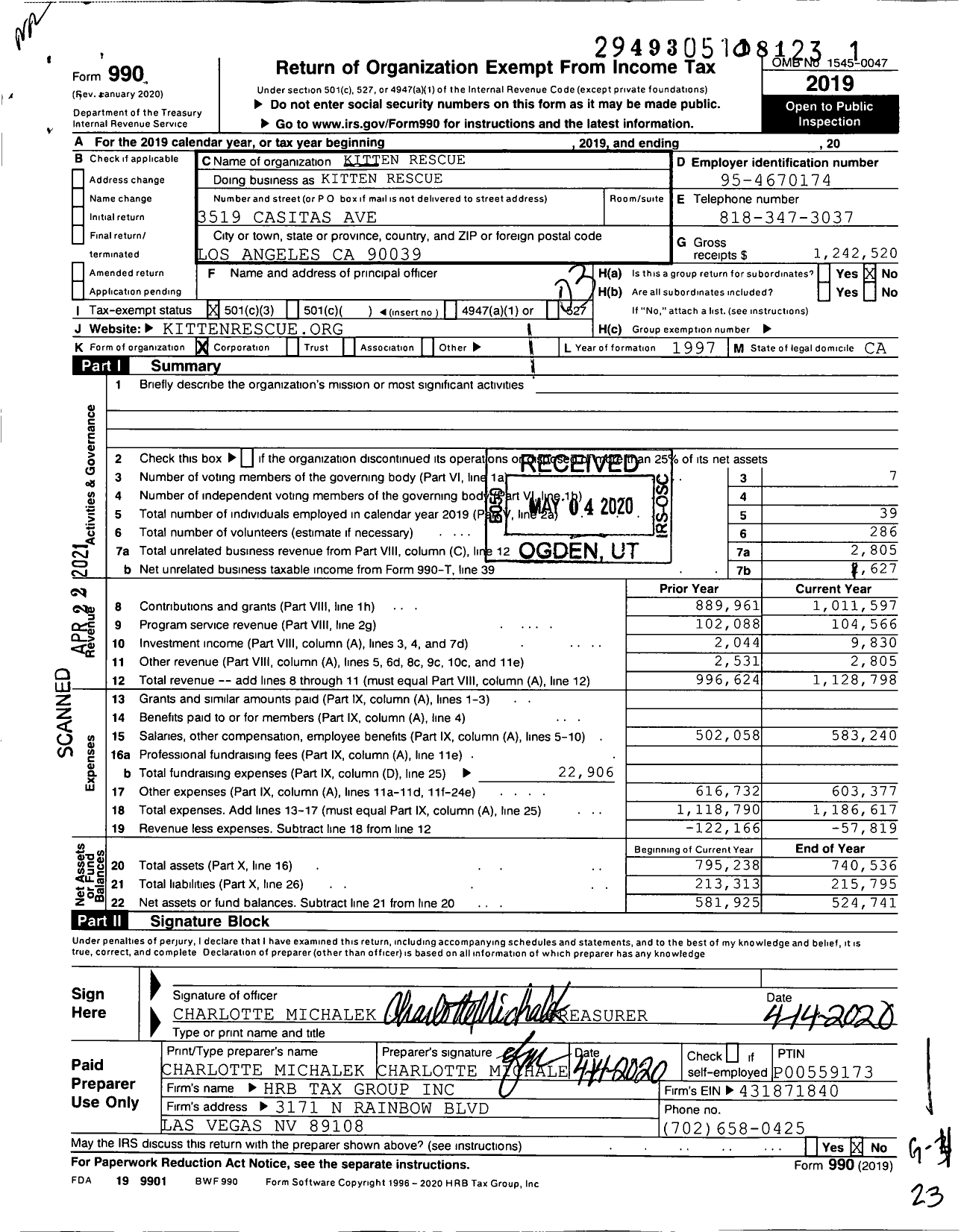 Image of first page of 2019 Form 990 for Kitten Rescue