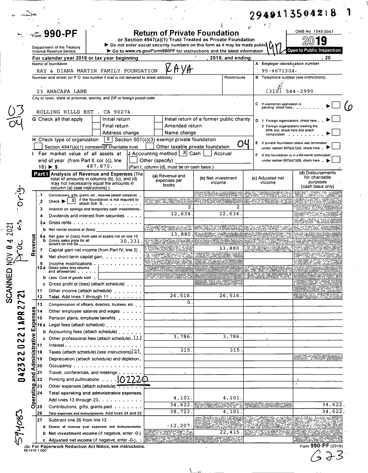 Image of first page of 2019 Form 990PF for Ray & Diana Martin Family Foundation