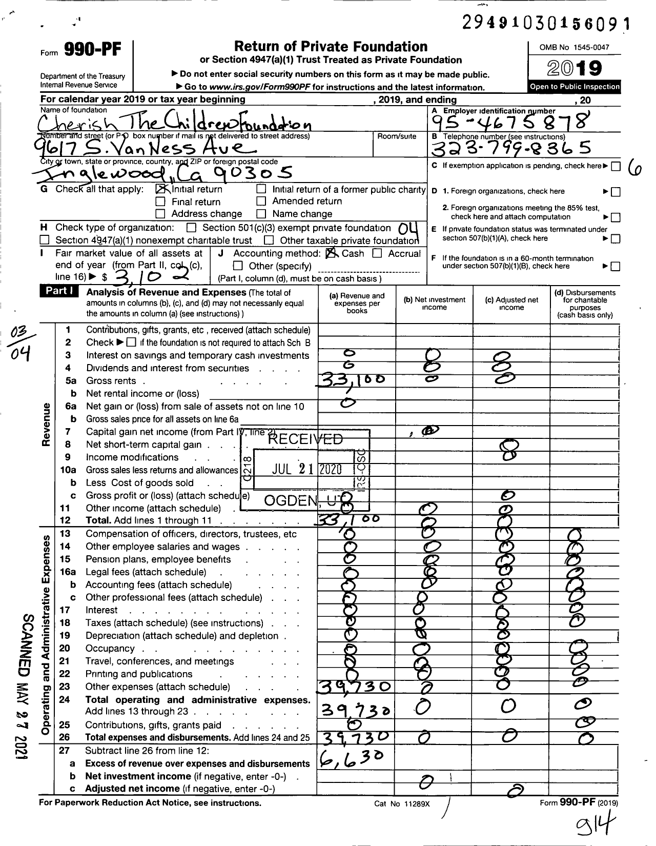 Image of first page of 2019 Form 990PF for Cherish the Children Foundation- Luwann Youth Center