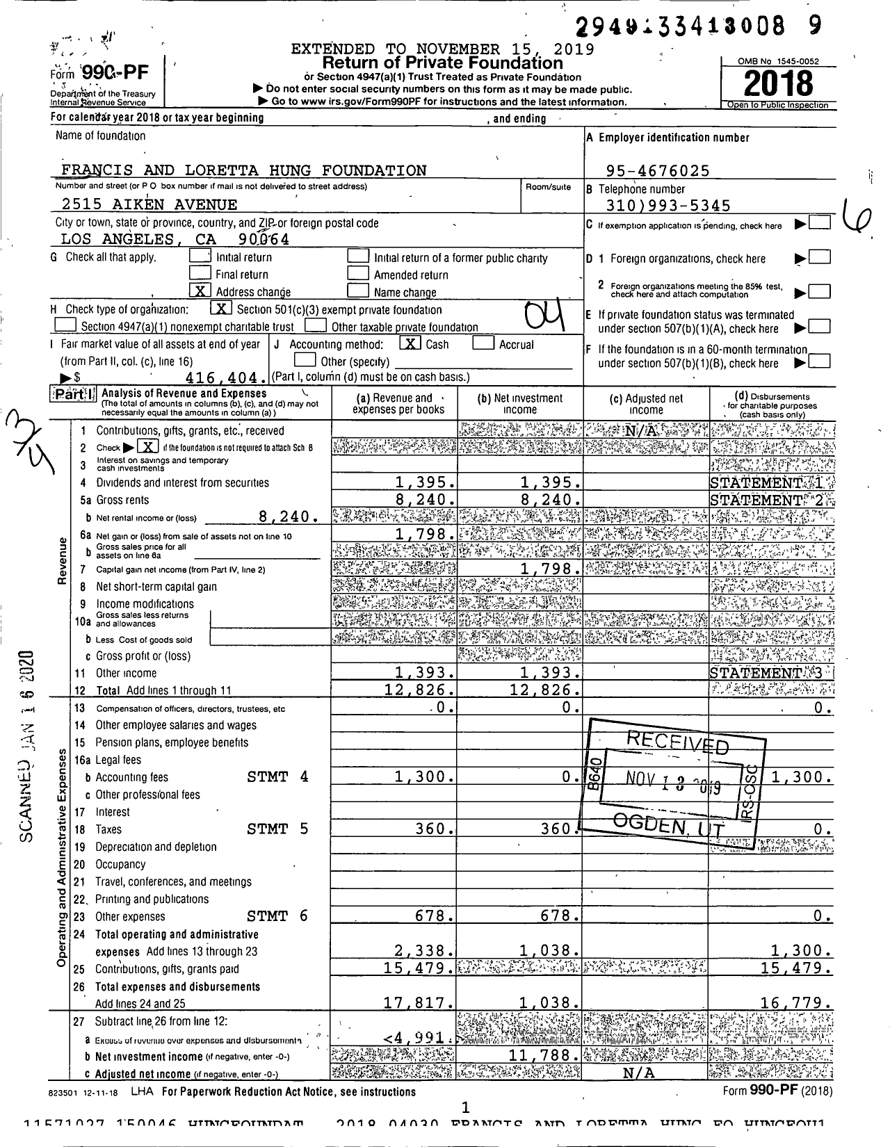 Image of first page of 2018 Form 990PF for Francis and Loretta Hung Foundation