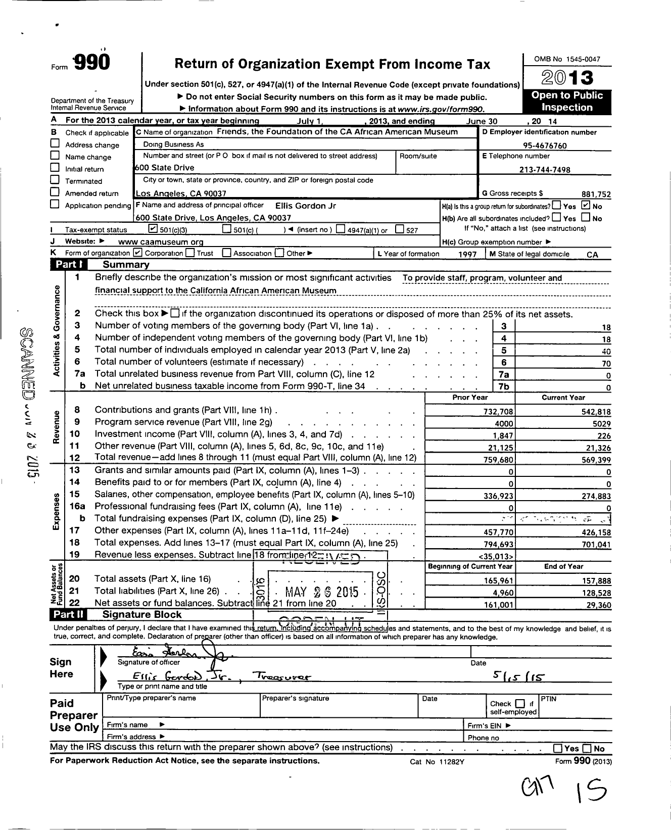 Image of first page of 2013 Form 990 for Friends Foundation of the African American Museum