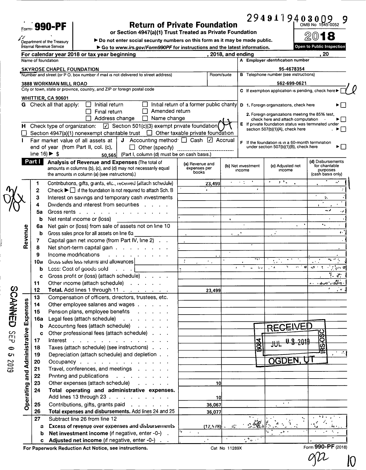 Image of first page of 2018 Form 990PF for Skyrose Chapel Foundation