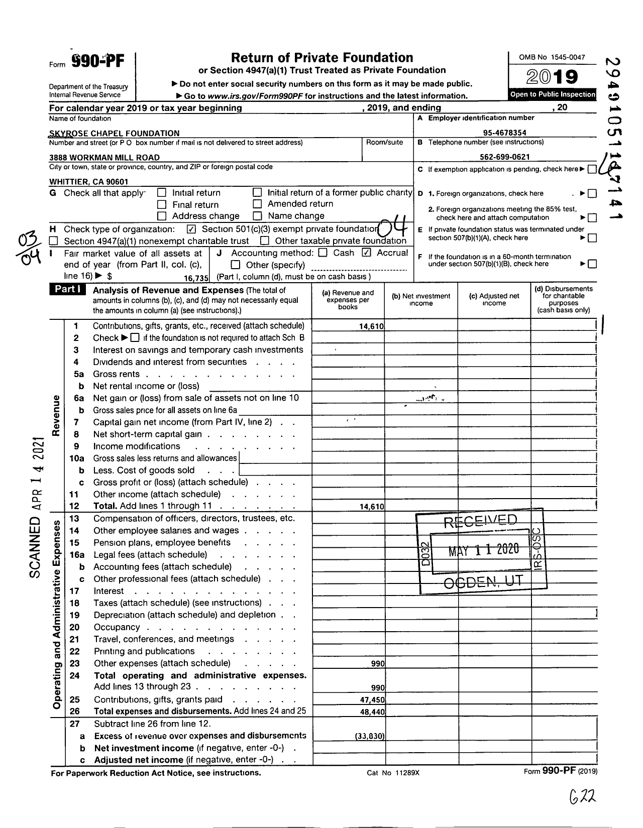 Image of first page of 2019 Form 990PF for Skyrose Chapel Foundation