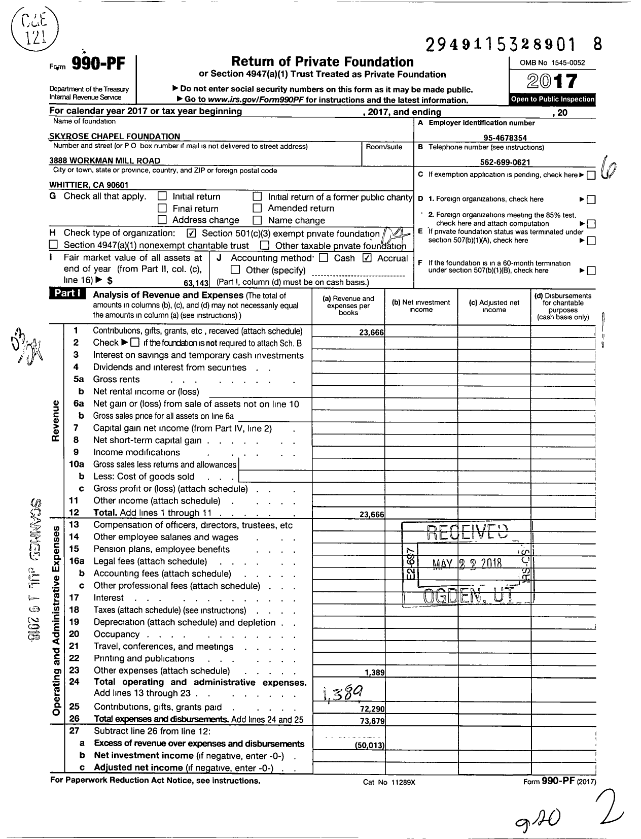 Image of first page of 2017 Form 990PF for Skyrose Chapel Foundation
