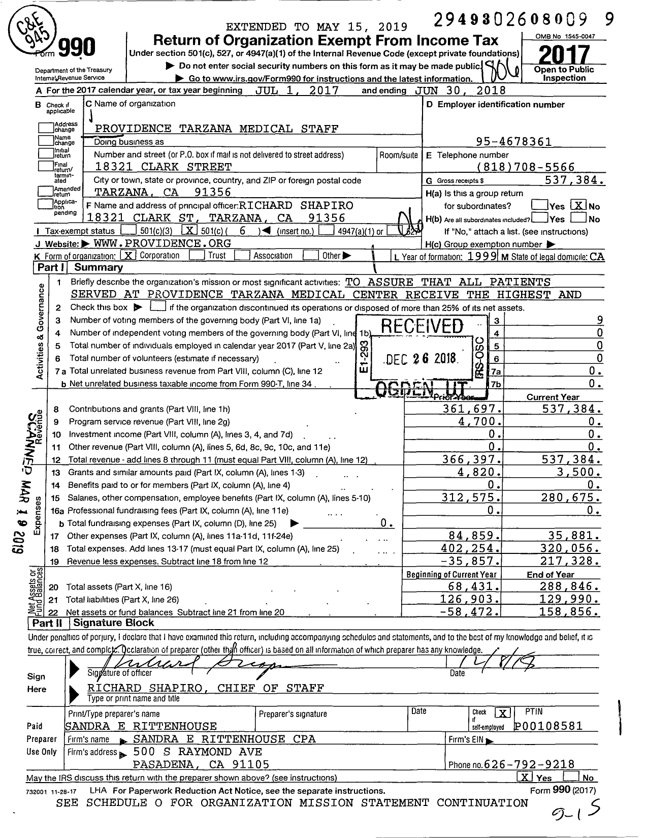 Image of first page of 2017 Form 990O for Providence Tarzana Medical Staff