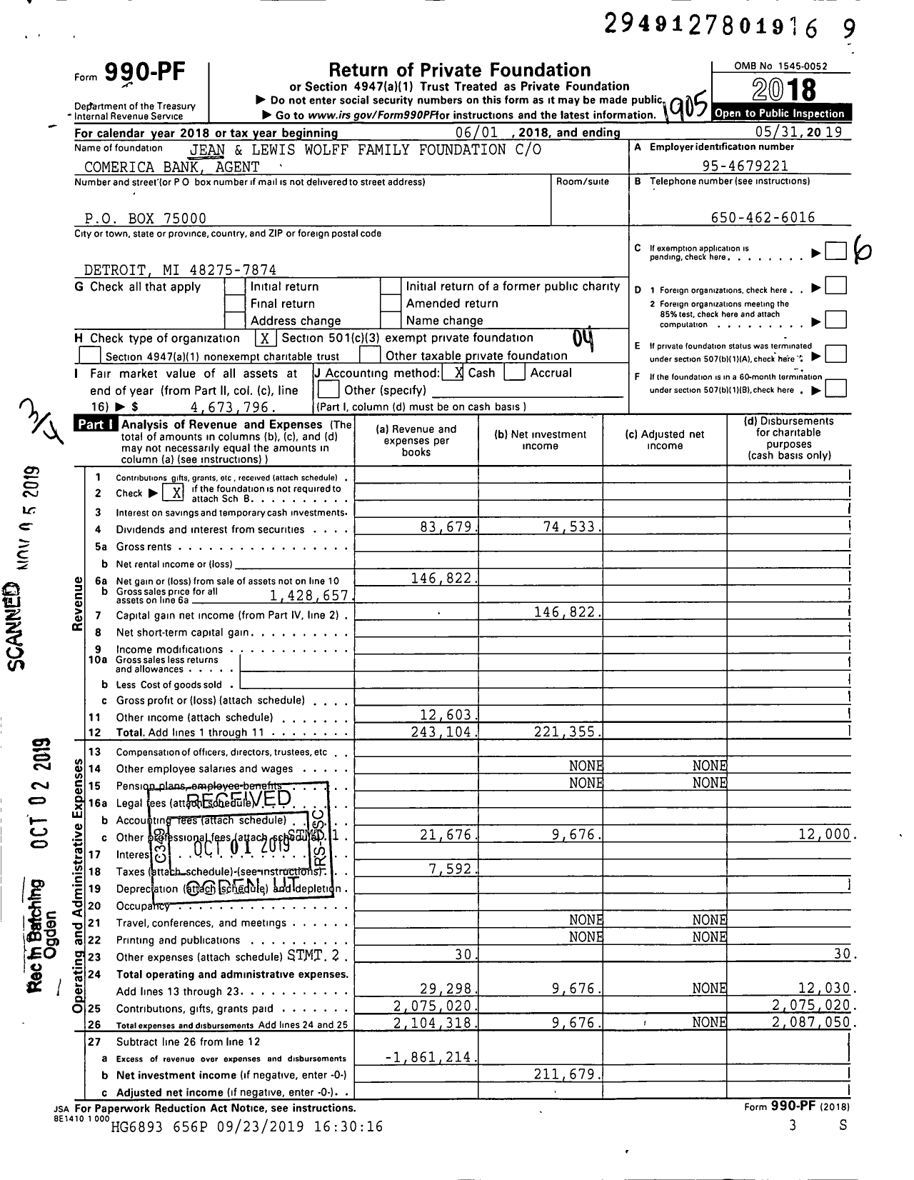 Image of first page of 2018 Form 990PF for Jean and Lewis Wolff Family Foundation