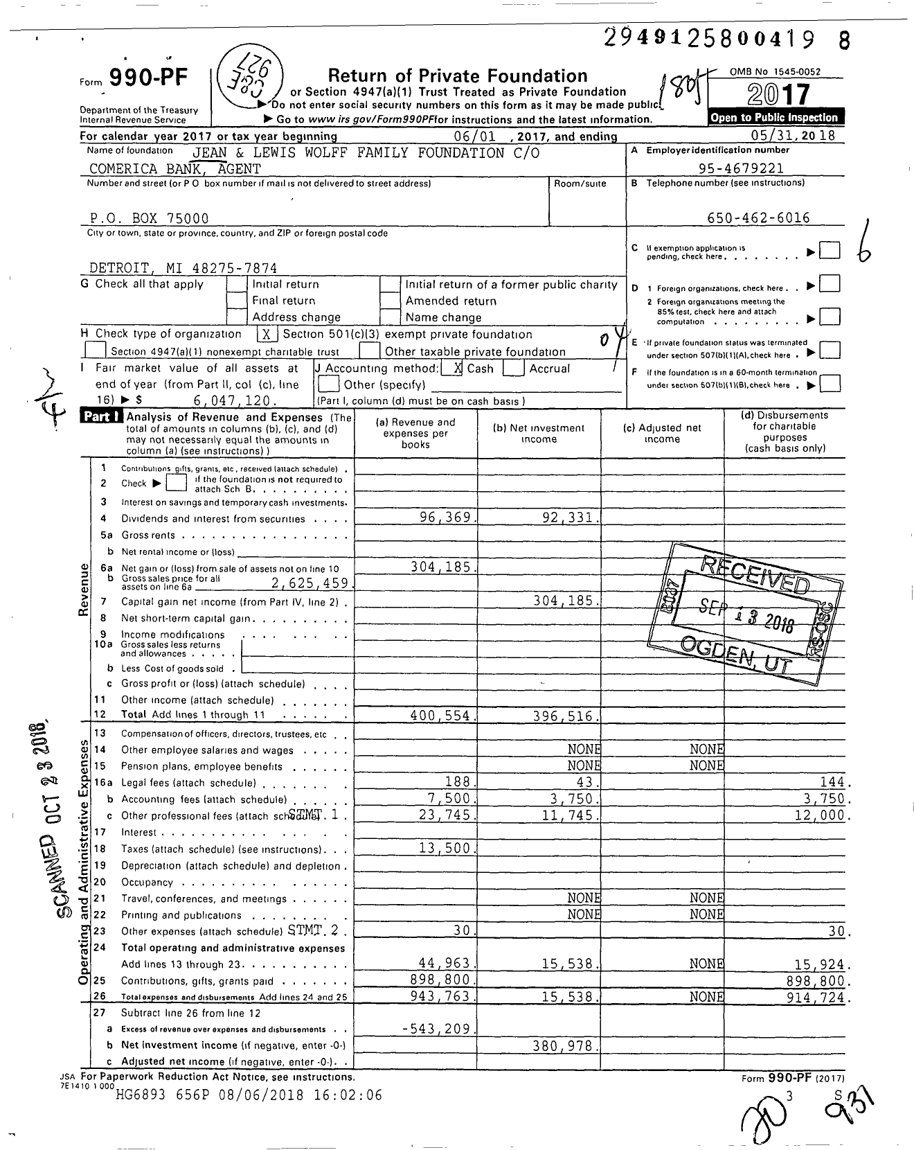 Image of first page of 2017 Form 990PF for Jean and Lewis Wolff Family Foundation