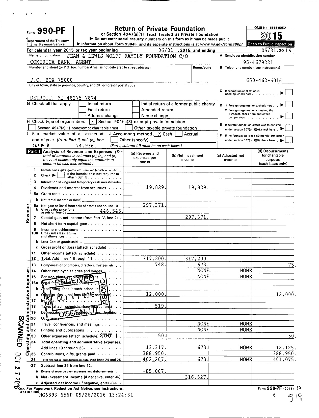 Image of first page of 2015 Form 990PF for Jean and Lewis Wolff Family Foundation