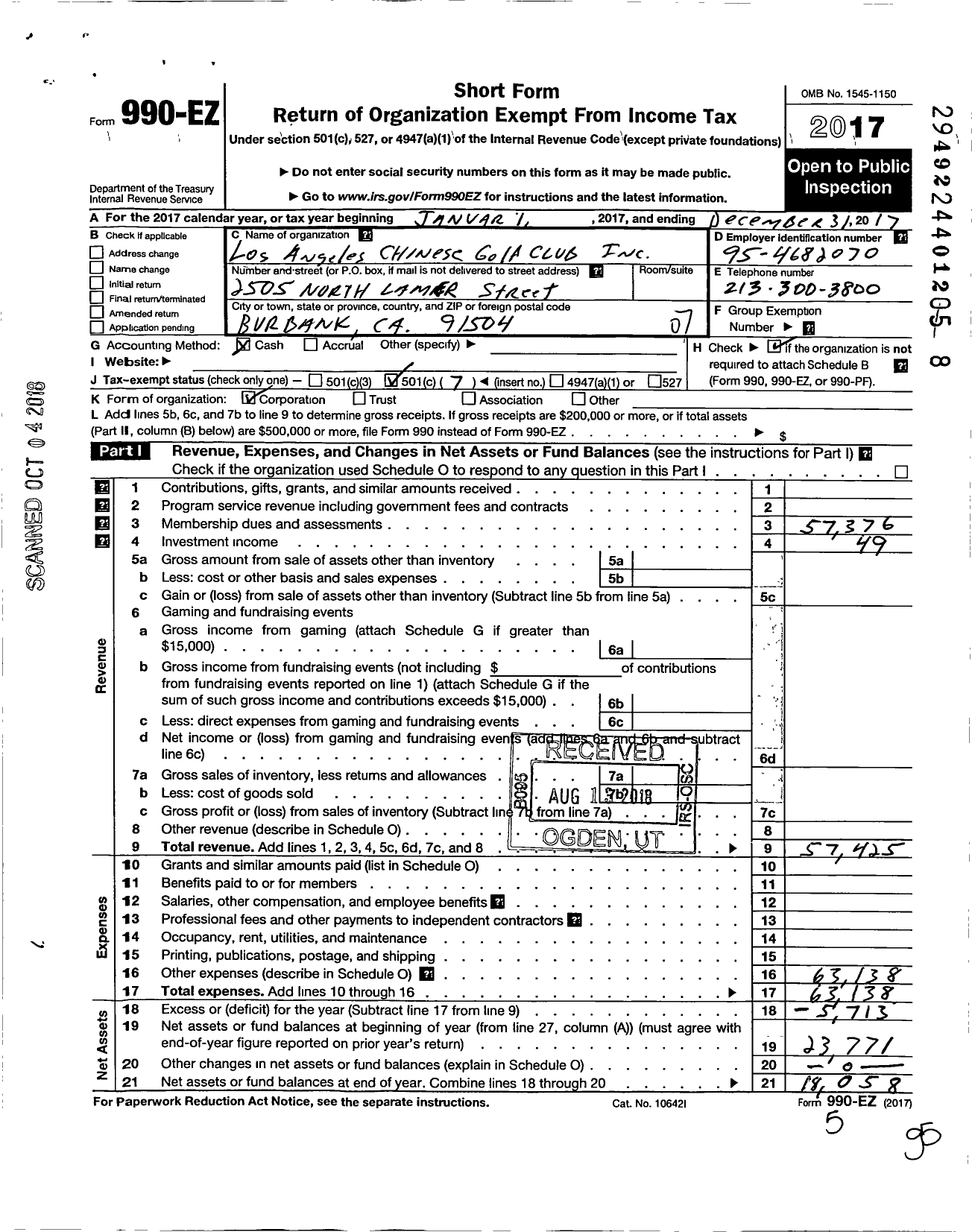 Image of first page of 2017 Form 990EO for Los Angeles Chinese Golf Club