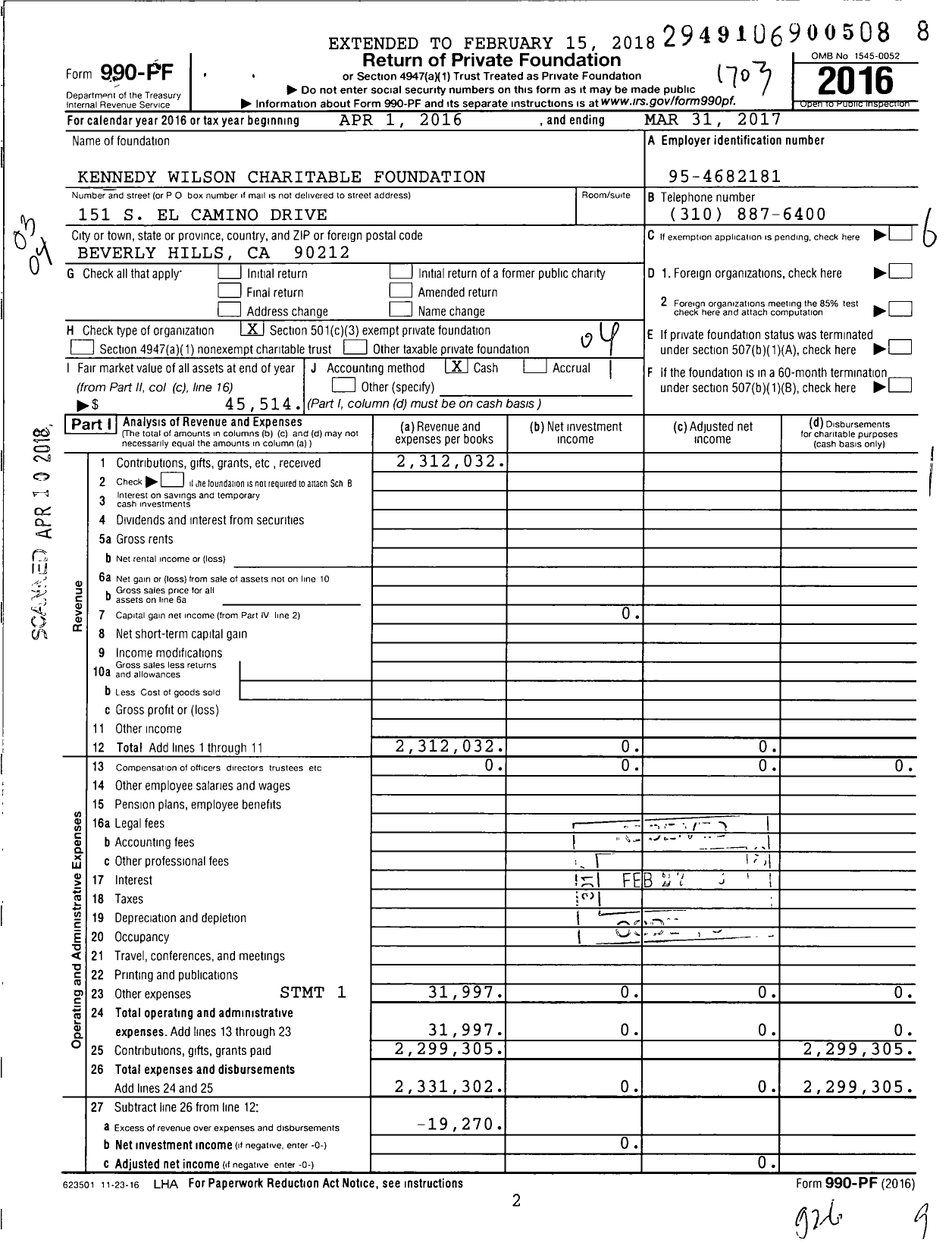 Image of first page of 2016 Form 990PF for Kennedy Wilson Charitable Foundation
