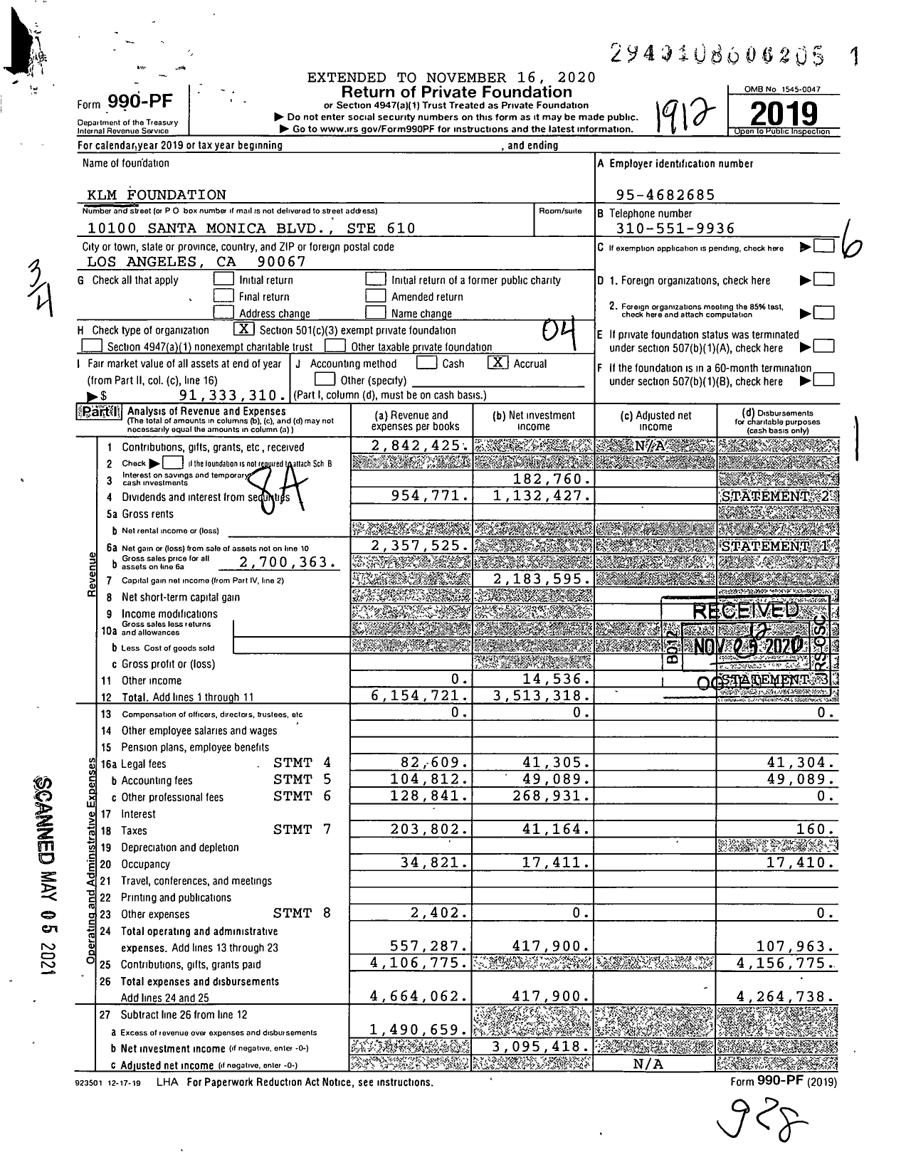 Image of first page of 2019 Form 990PF for KLM Foundation