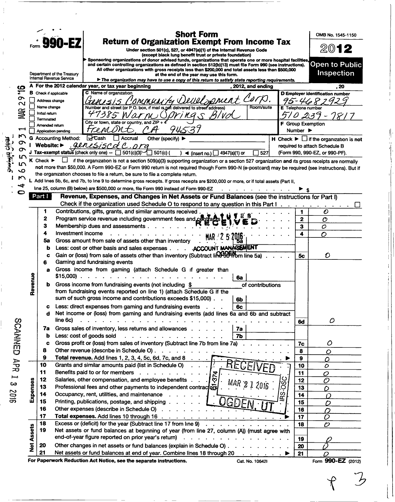 Image of first page of 2012 Form 990EO for GENESIS COMMUnITY DEVELOPMENT Corporation