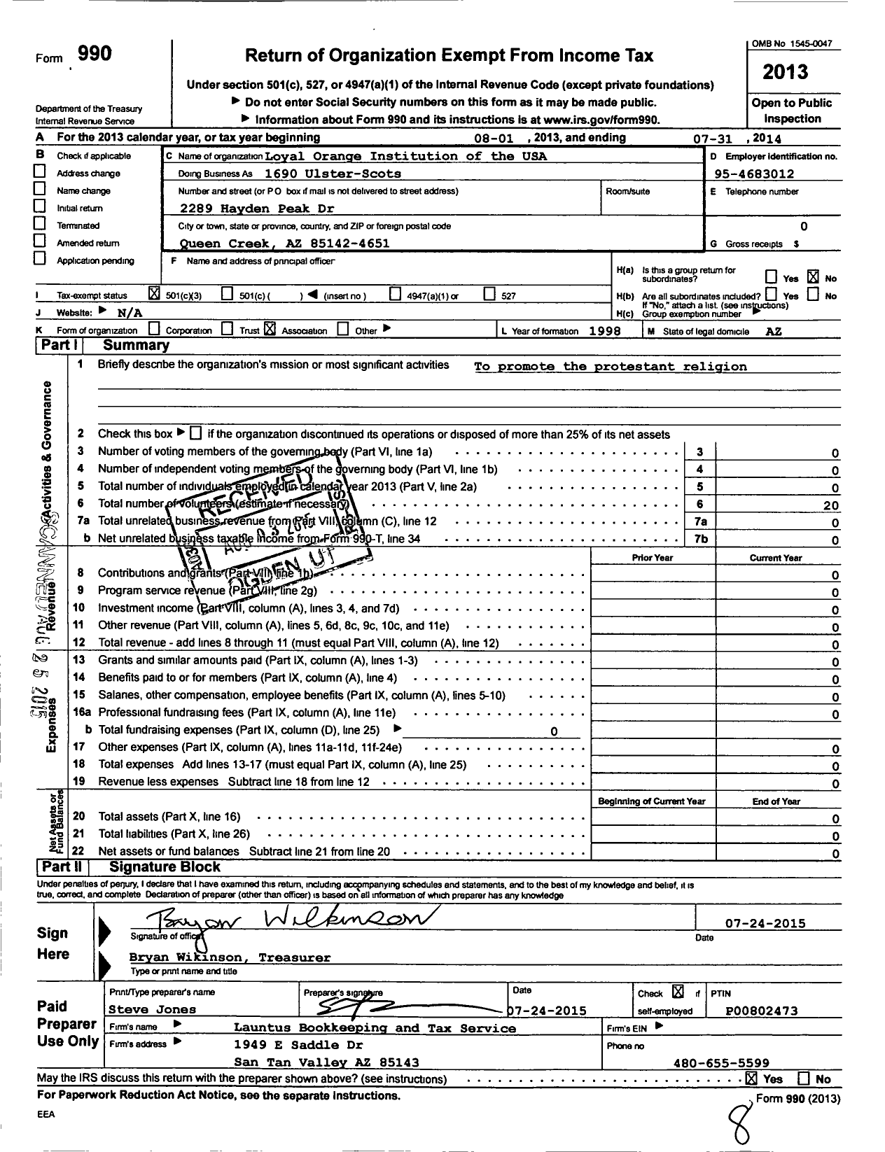 Image of first page of 2013 Form 990 for Loyal Orange Institution of the USA - 1690 Ulster-Scots