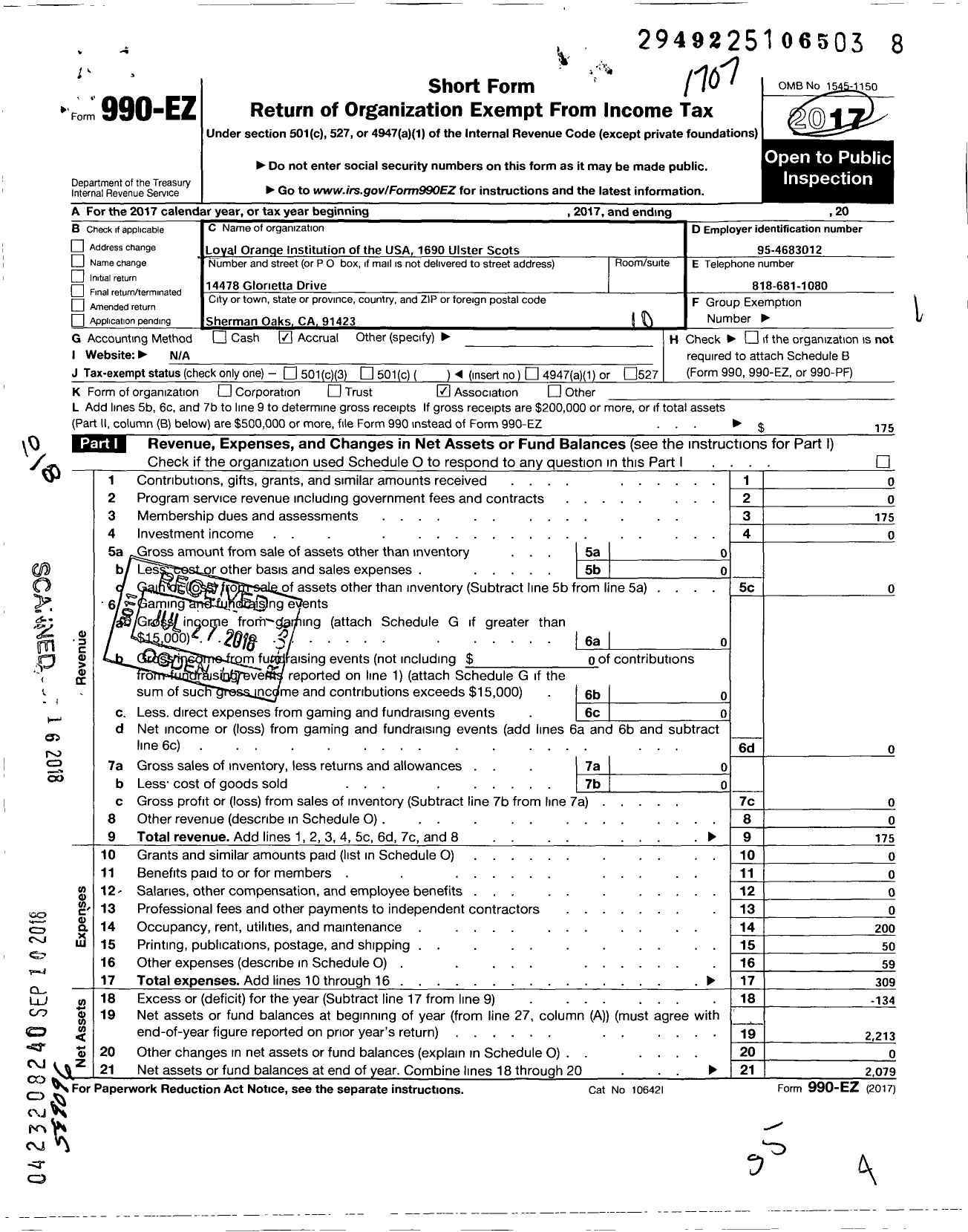 Image of first page of 2016 Form 990EO for Loyal Orange Institution of the USA - 1690 Ulster-Scots