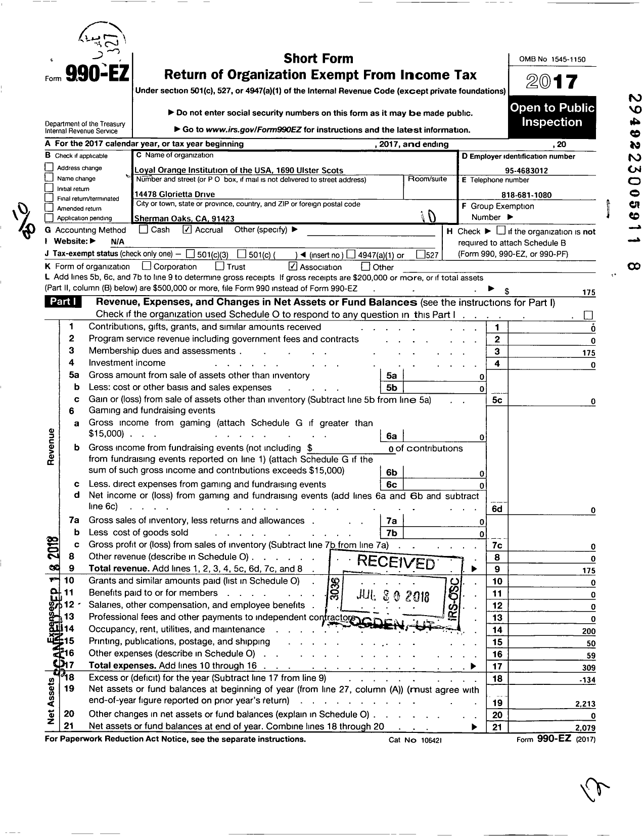 Image of first page of 2017 Form 990EO for Loyal Orange Institution of the USA - 1690 Ulster-Scots