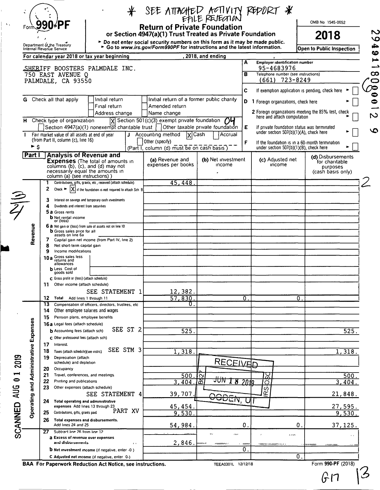 Image of first page of 2018 Form 990PF for Sheriff Boosters Palmdale