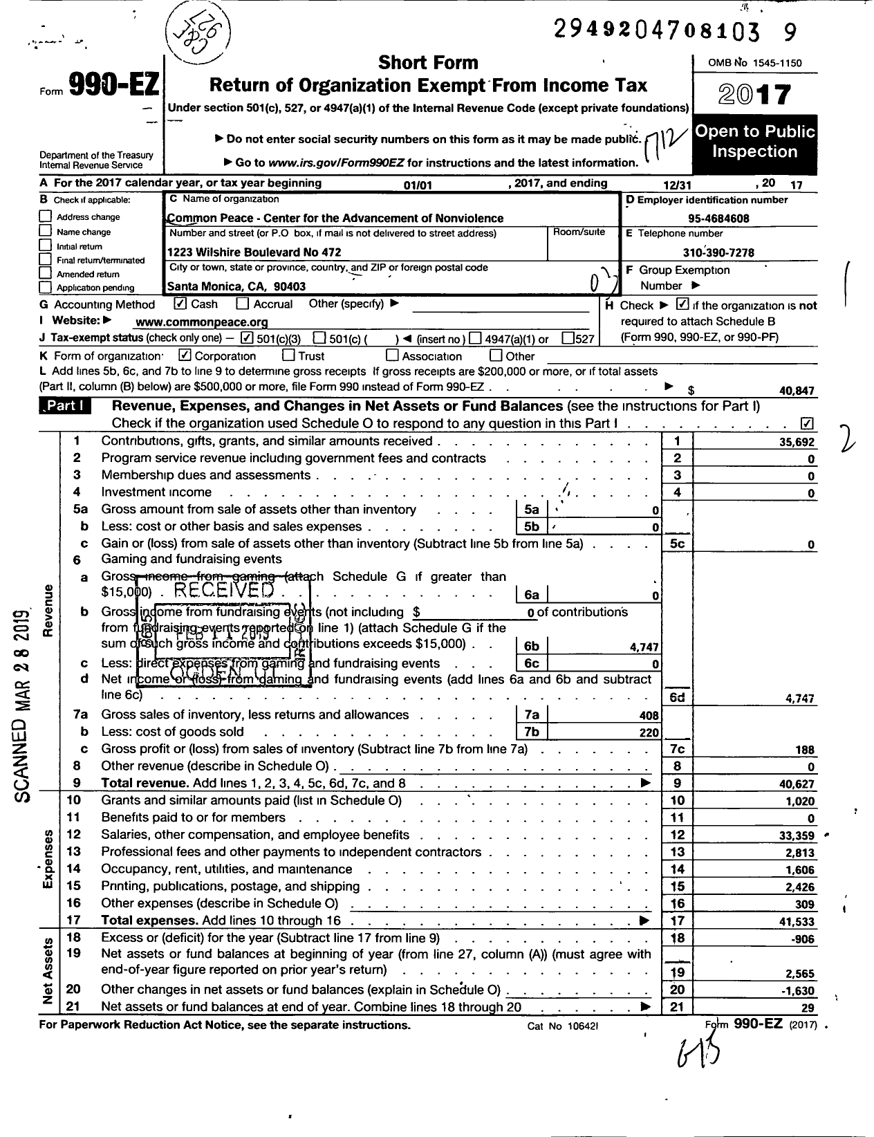 Image of first page of 2017 Form 990EZ for Center for Advancement of Nonviolence