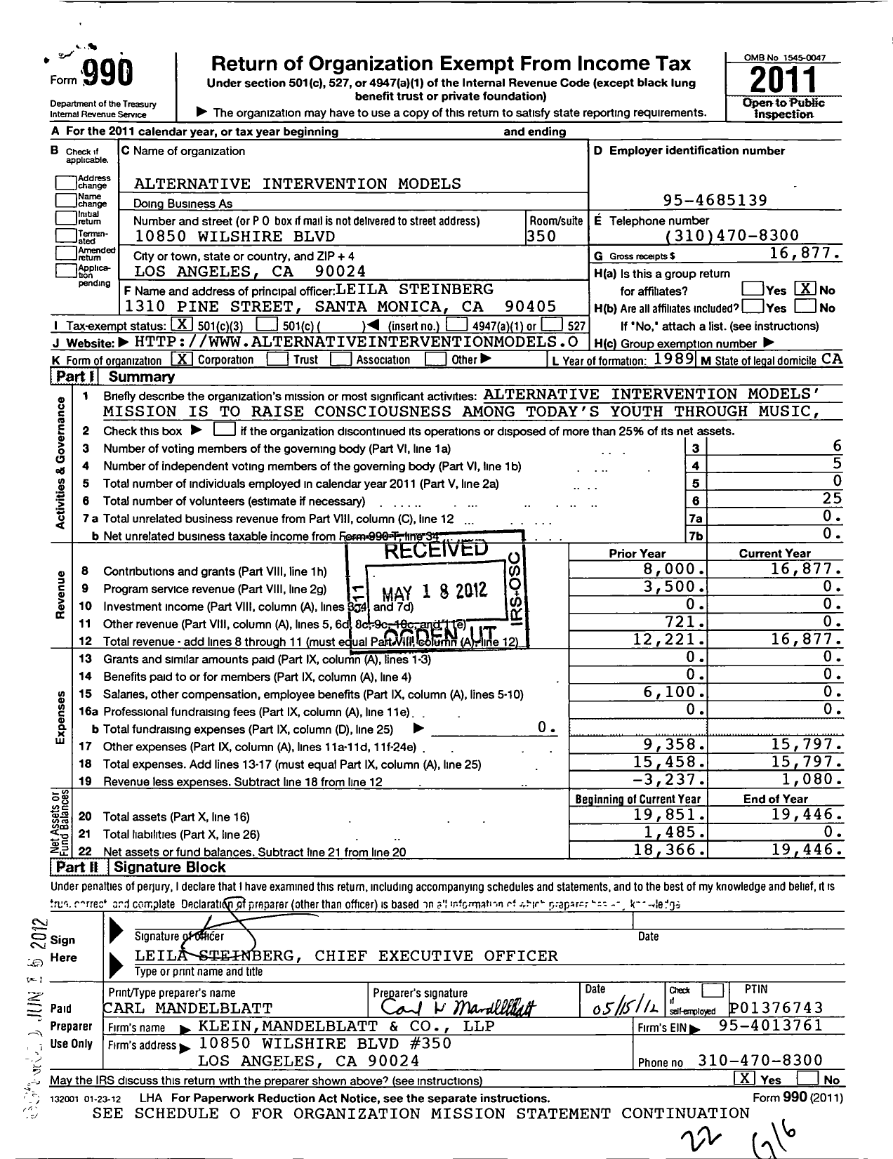 Image of first page of 2011 Form 990 for Aim 4 the Heart A California Nonprofit Corporation