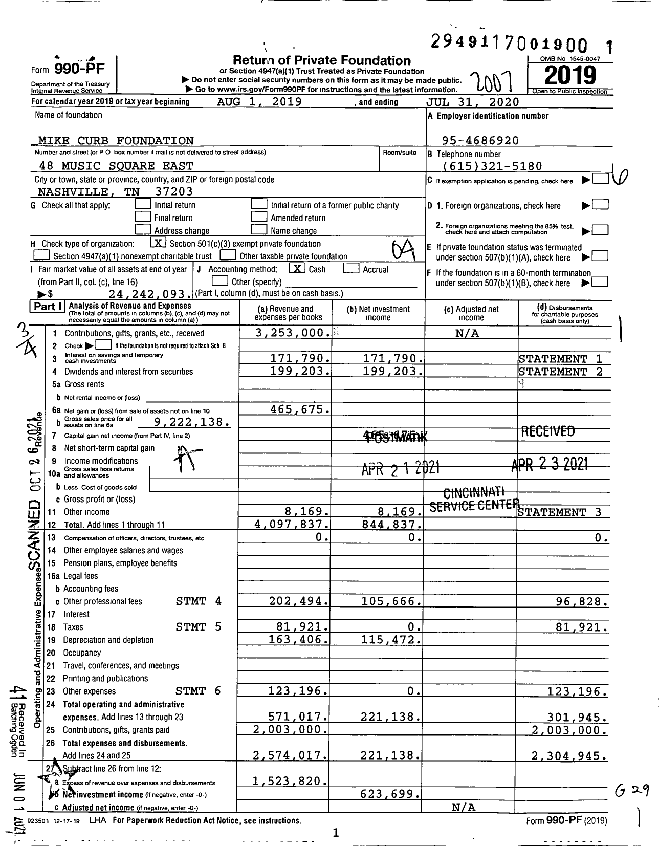 Image of first page of 2019 Form 990PF for Mike Curb Foundation