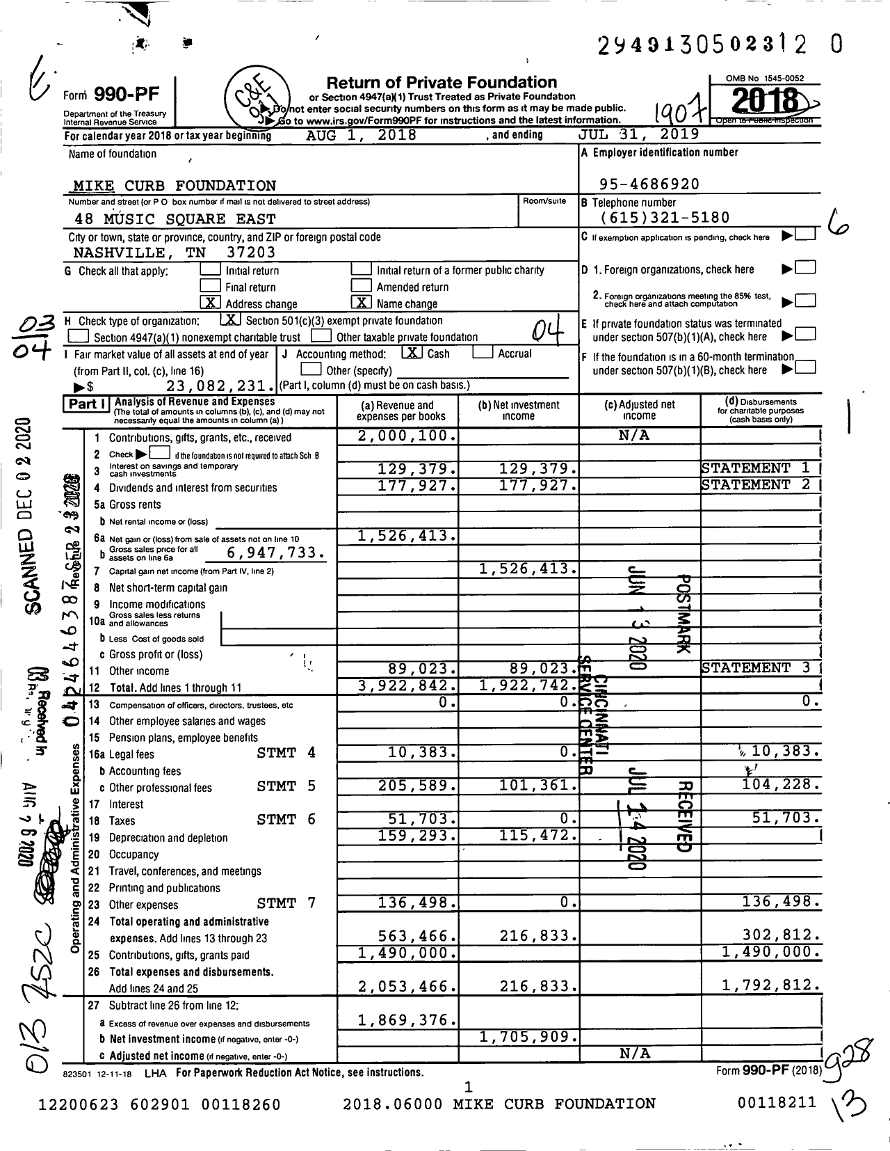 Image of first page of 2018 Form 990PF for Mike Curb Foundation