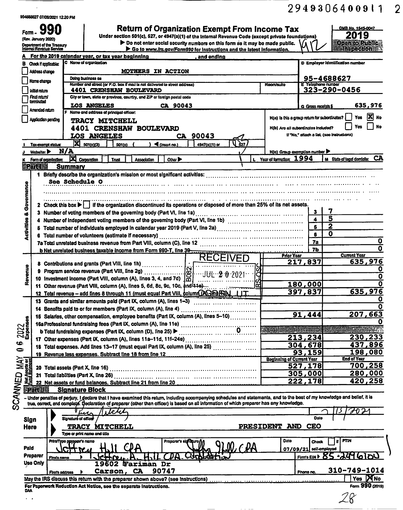 Image of first page of 2019 Form 990 for Mothers-In-Action