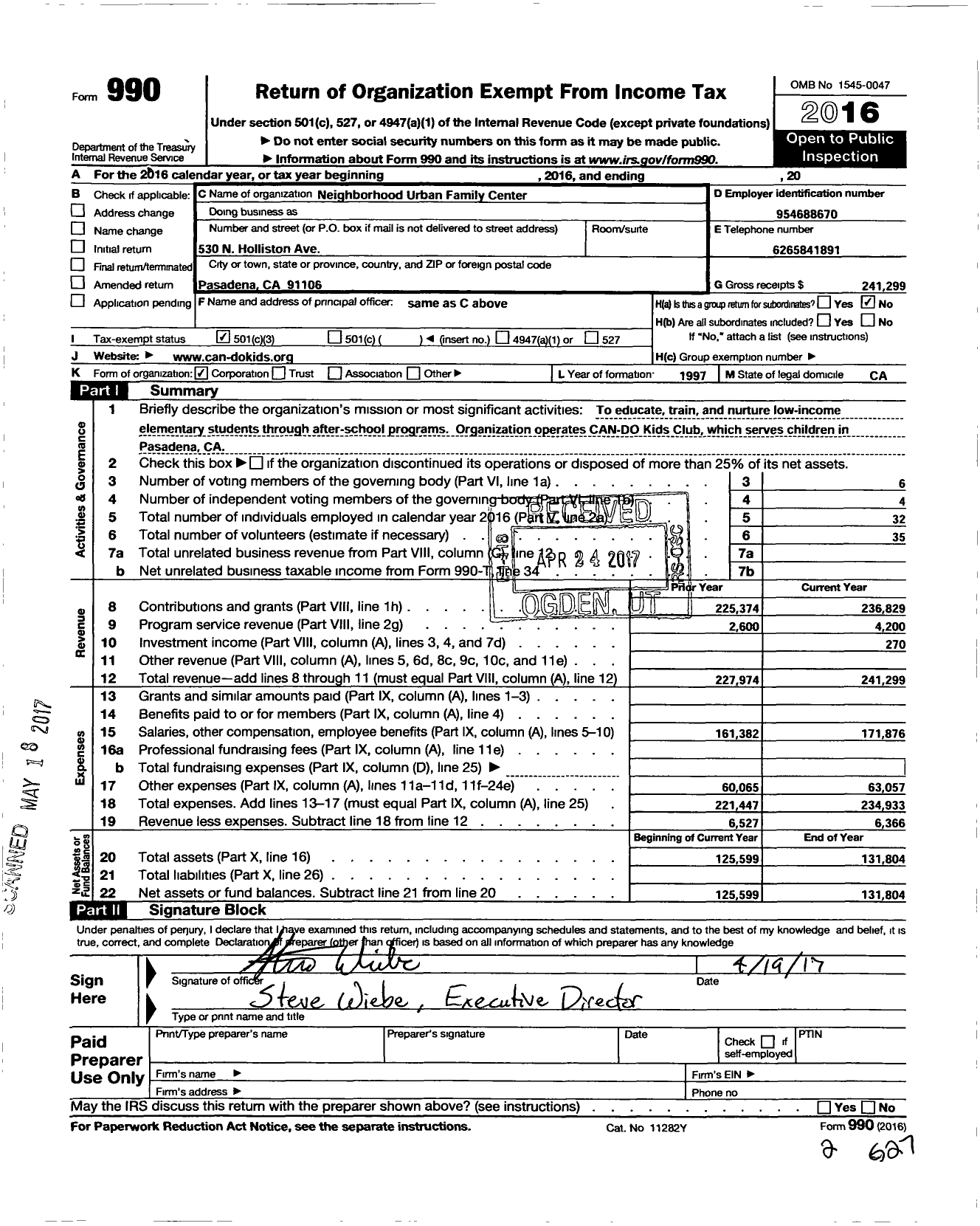 Image of first page of 2016 Form 990 for Neighborhood Urban Family Center