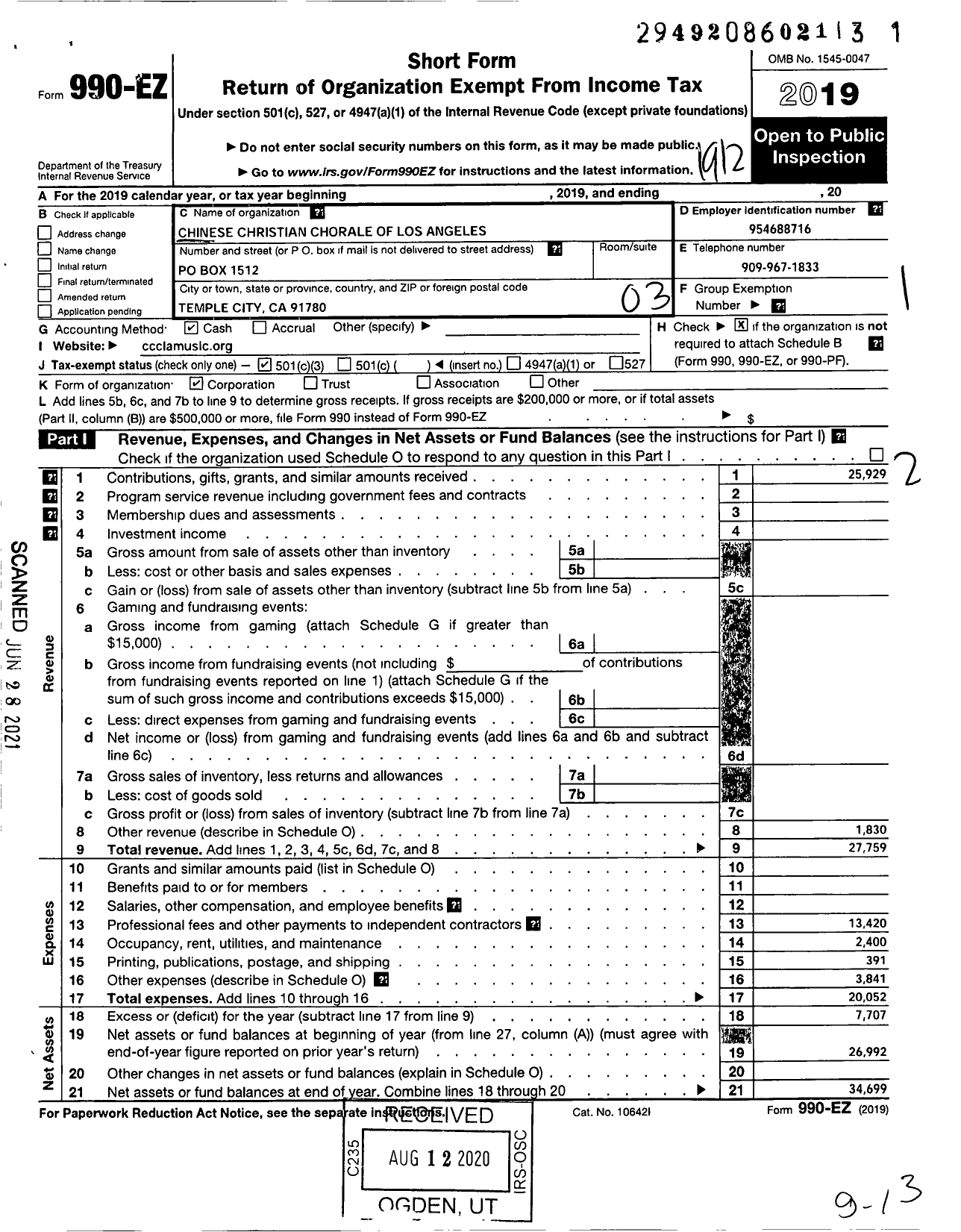 Image of first page of 2019 Form 990EZ for Chinese Christian Chorale of Los Angeles