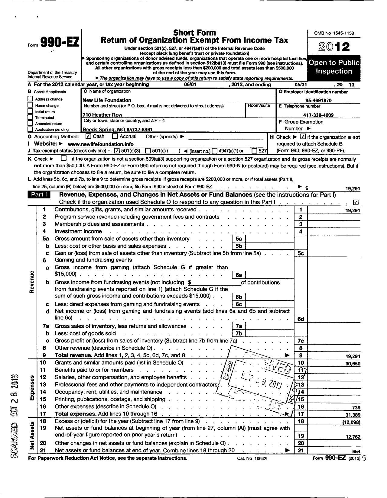 Image of first page of 2012 Form 990EZ for New Life Foundation