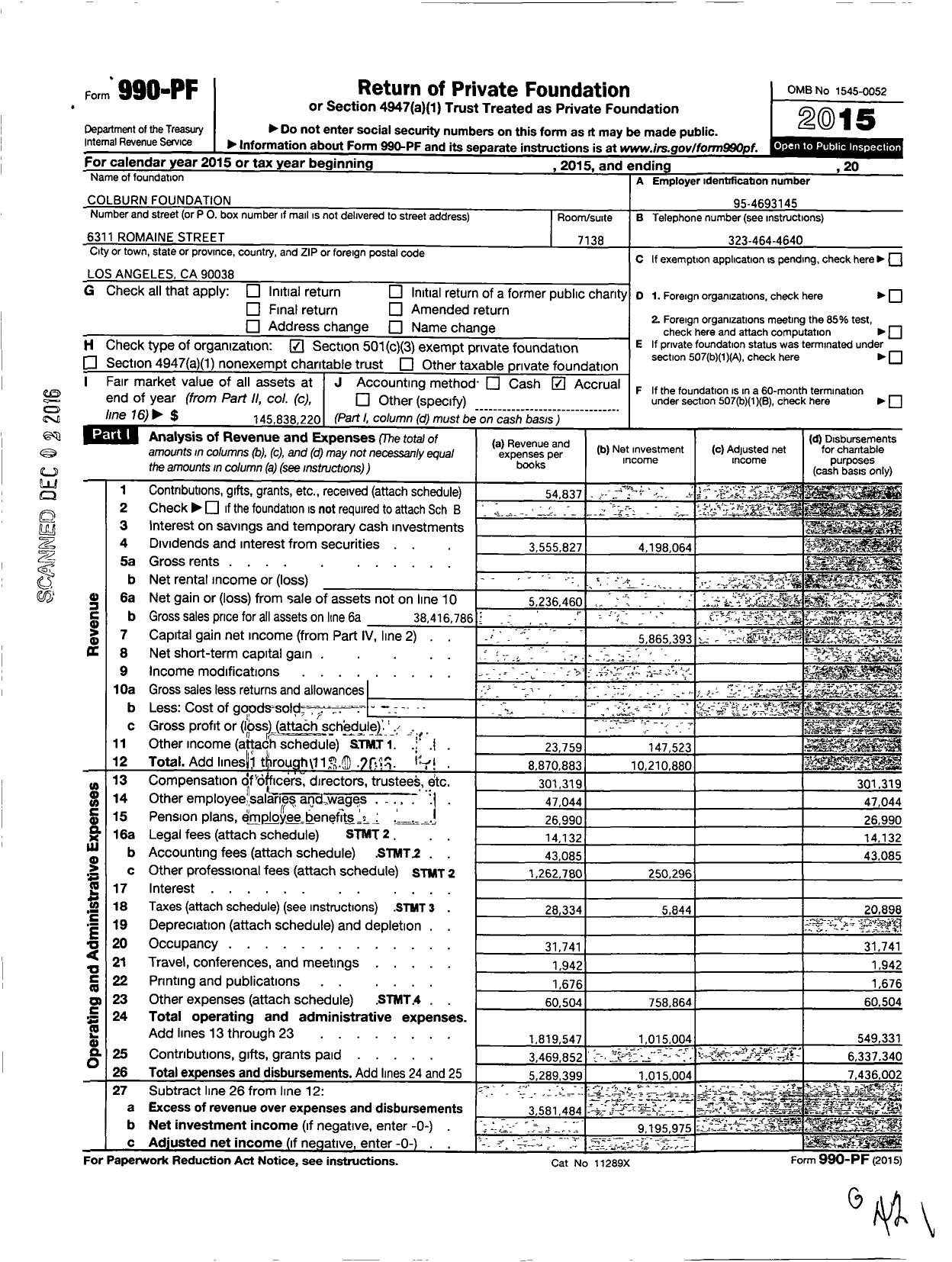 Image of first page of 2015 Form 990PF for Colburn Foundation