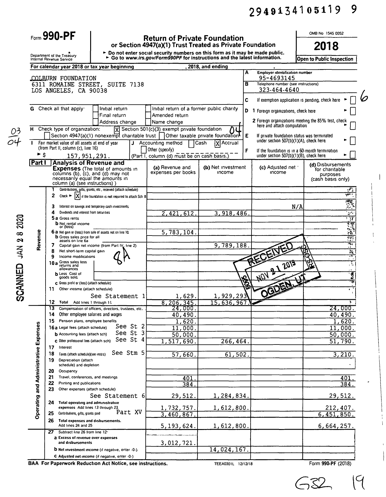 Image of first page of 2018 Form 990PF for Colburn Foundation
