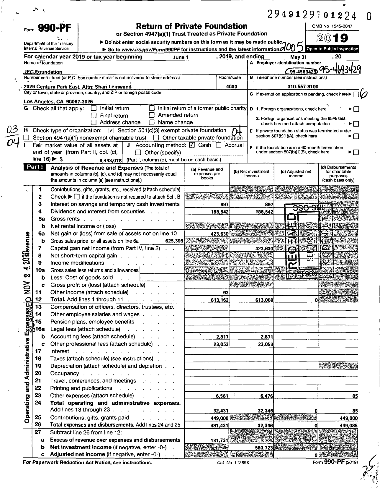 Image of first page of 2019 Form 990PF for JEC Foundation