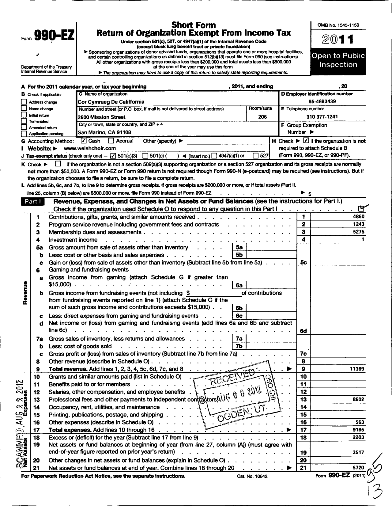 Image of first page of 2011 Form 990EZ for Welsh Choir of Southern California