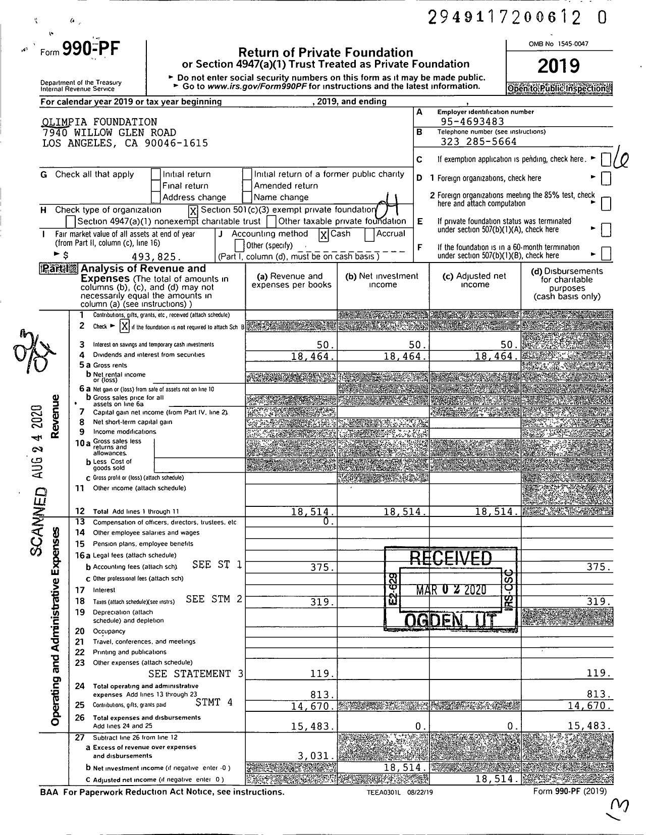 Image of first page of 2019 Form 990PR for Olimpia Foundation