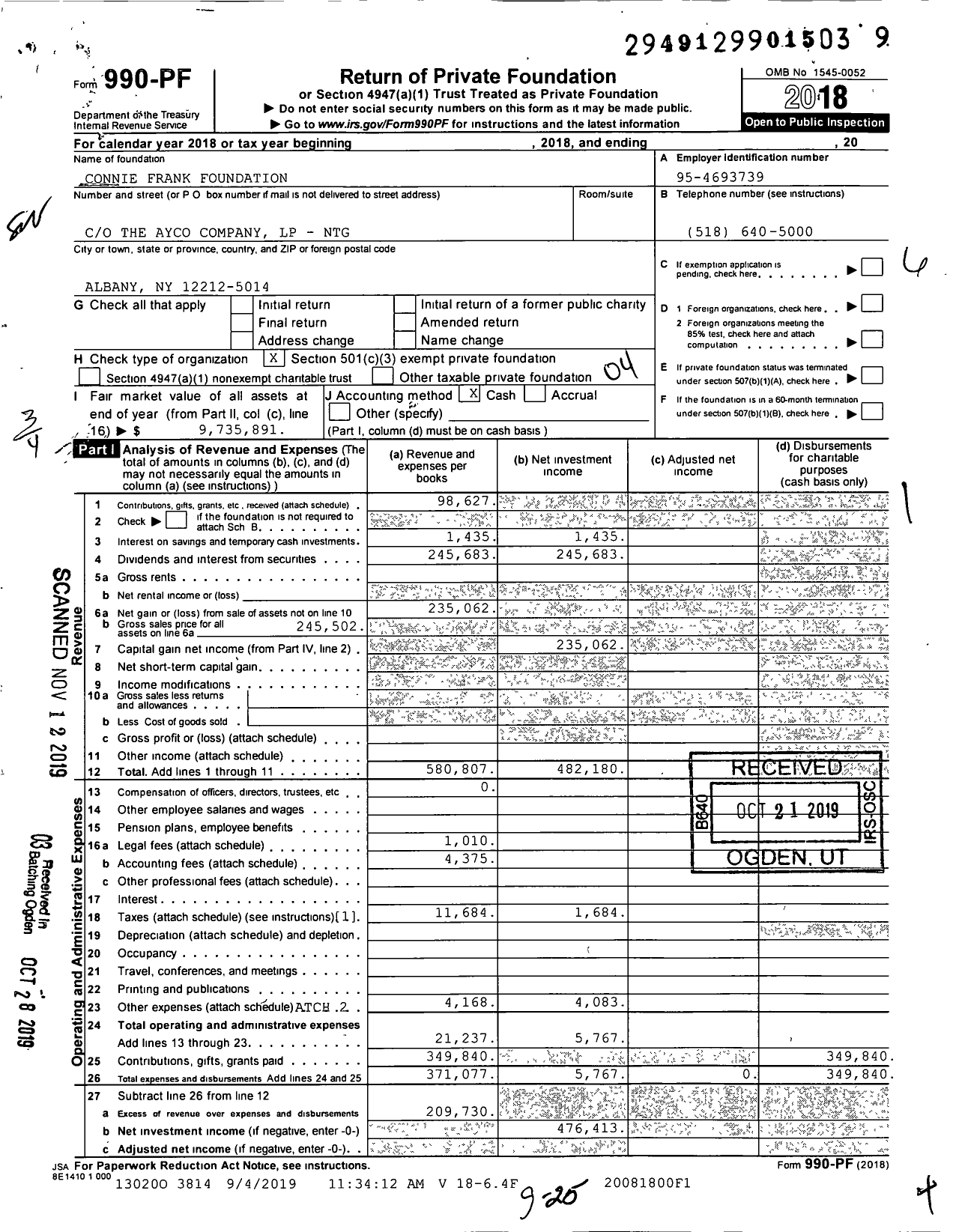 Image of first page of 2018 Form 990PF for Connie Frank Foundation