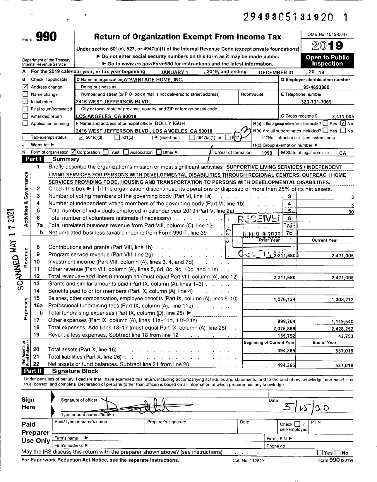 Image of first page of 2019 Form 990 for Advantage Home