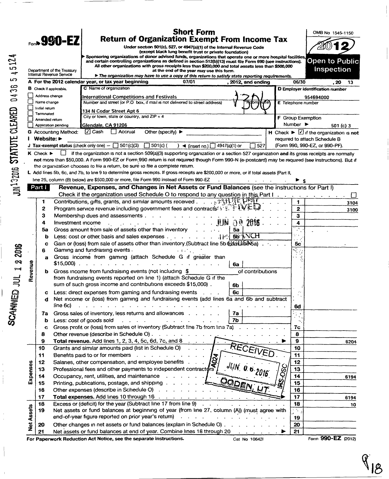 Image of first page of 2012 Form 990EO for International Competitions and Festivals