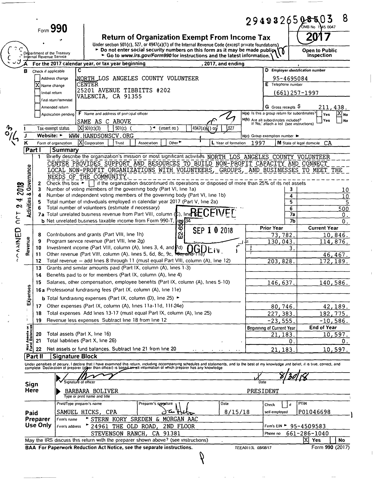 Image of first page of 2017 Form 990 for NORTH LOS ANGELES COUNTY VOLUNTEEr CENTER