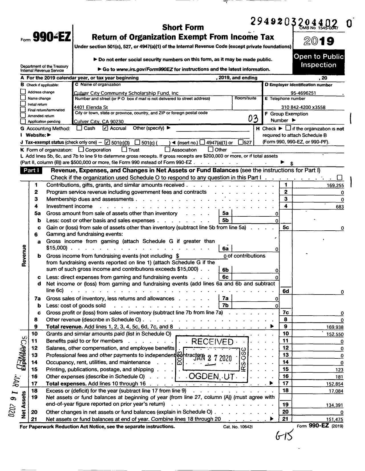 Image of first page of 2019 Form 990EZ for Culver City Community Scholarship Fund