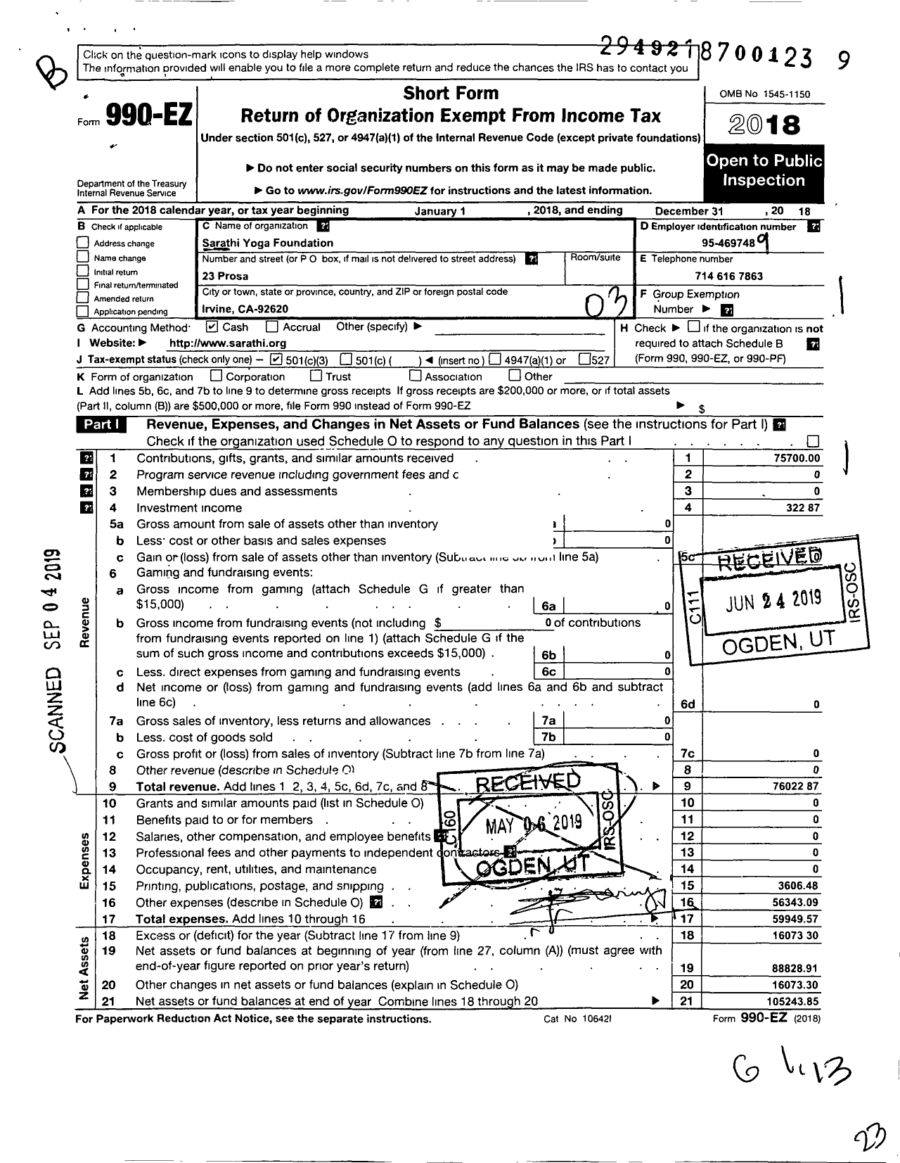 Image of first page of 2018 Form 990EZ for Sarathi Yoga Foundation