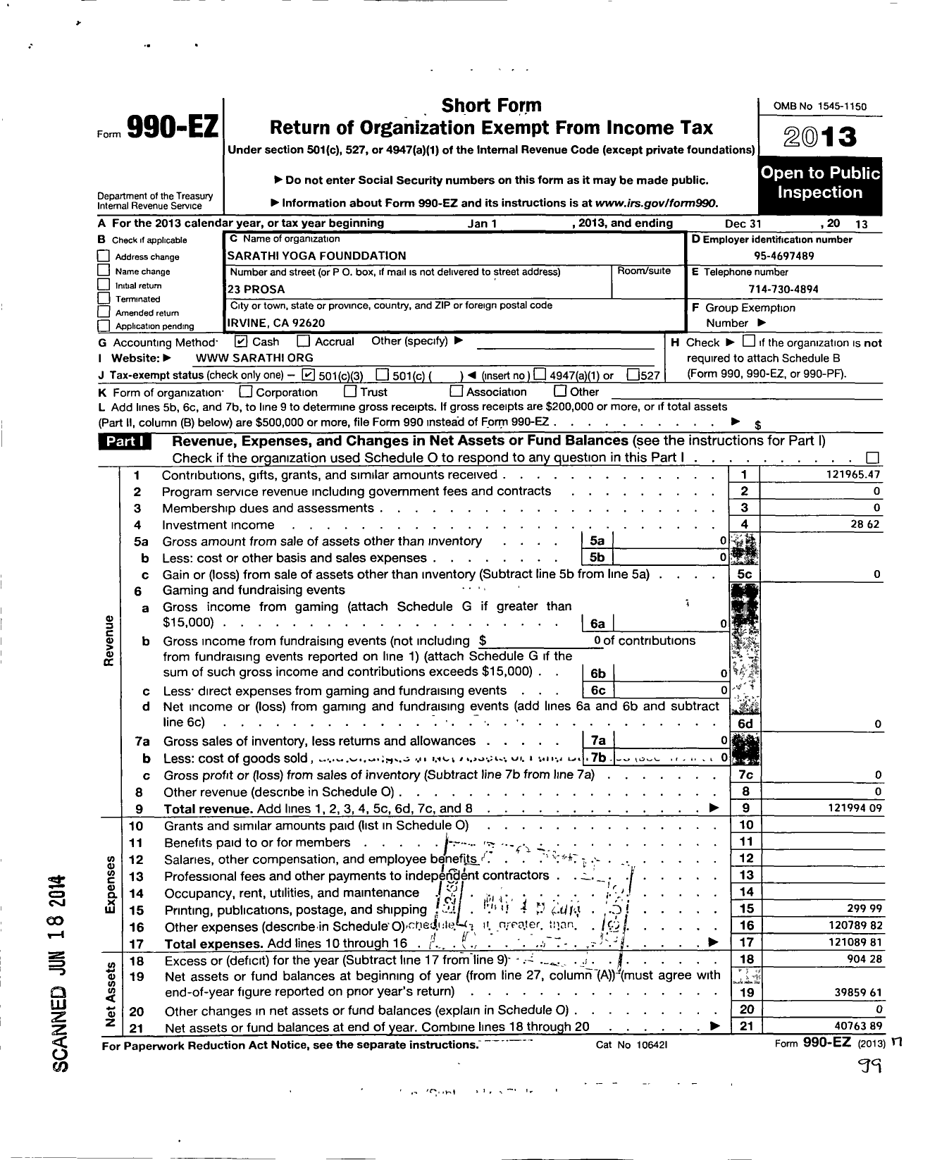 Image of first page of 2013 Form 990EZ for Sarathi Yoga Foundation