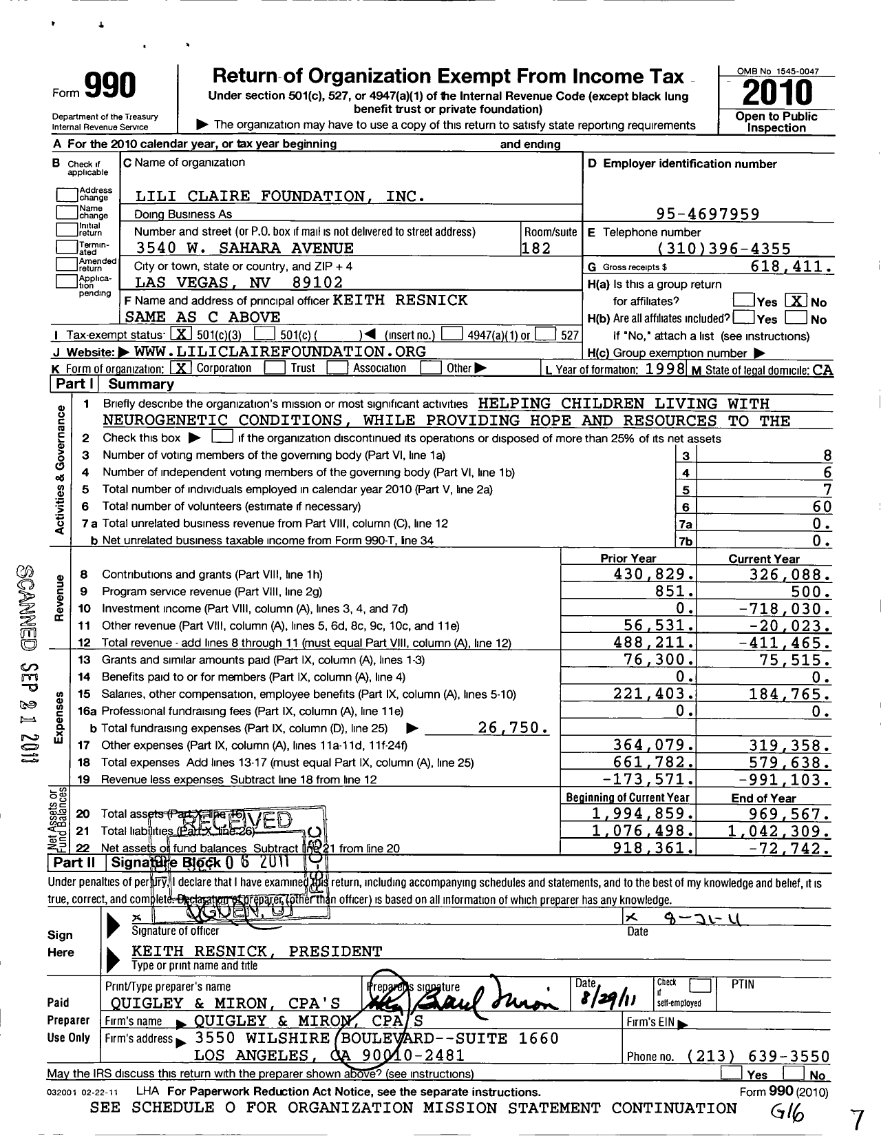 Image of first page of 2010 Form 990 for Lili Claire Foundation
