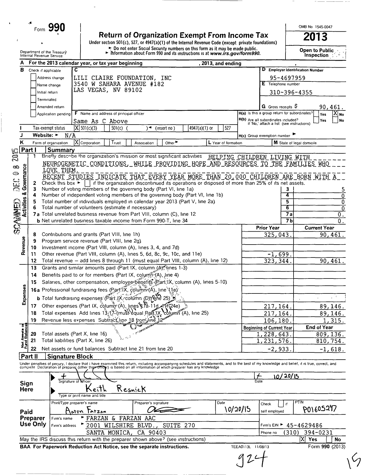 Image of first page of 2013 Form 990 for Lili Claire Foundation