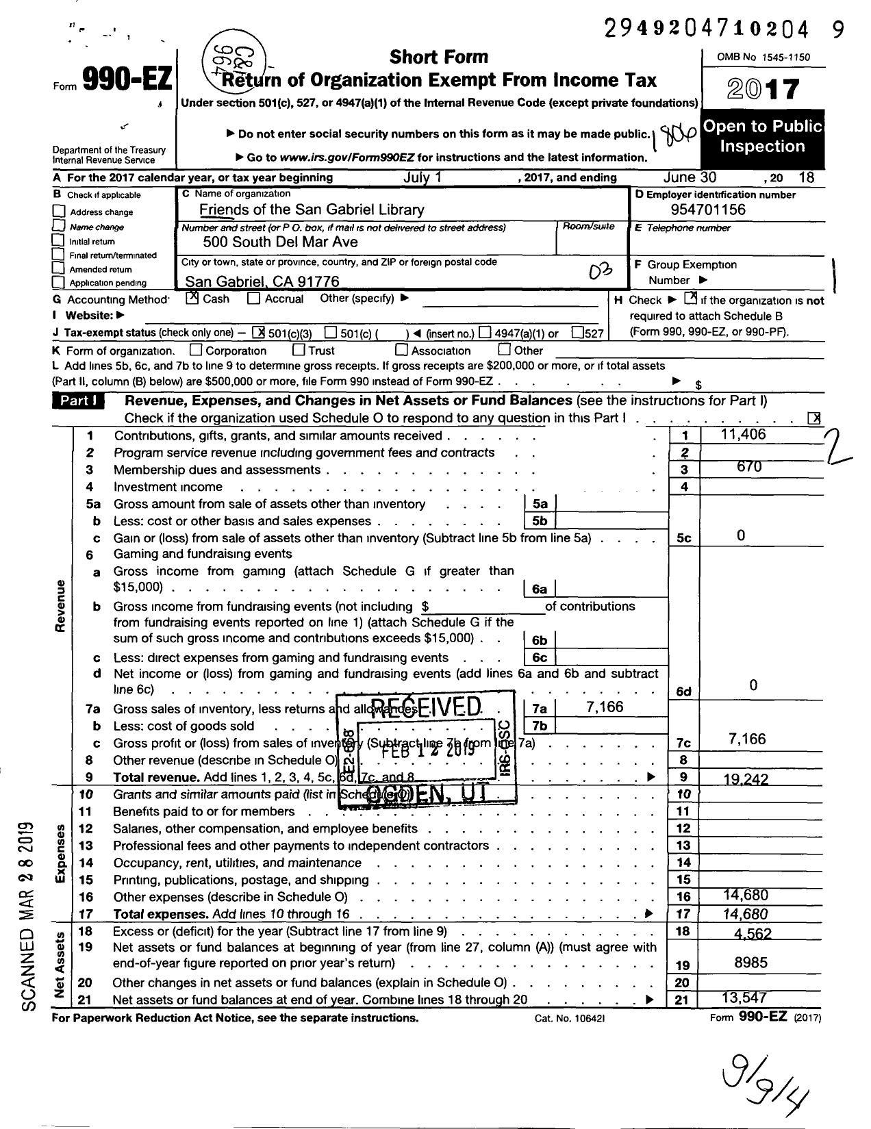 Image of first page of 2017 Form 990EZ for Friends of the San Gabriel Library