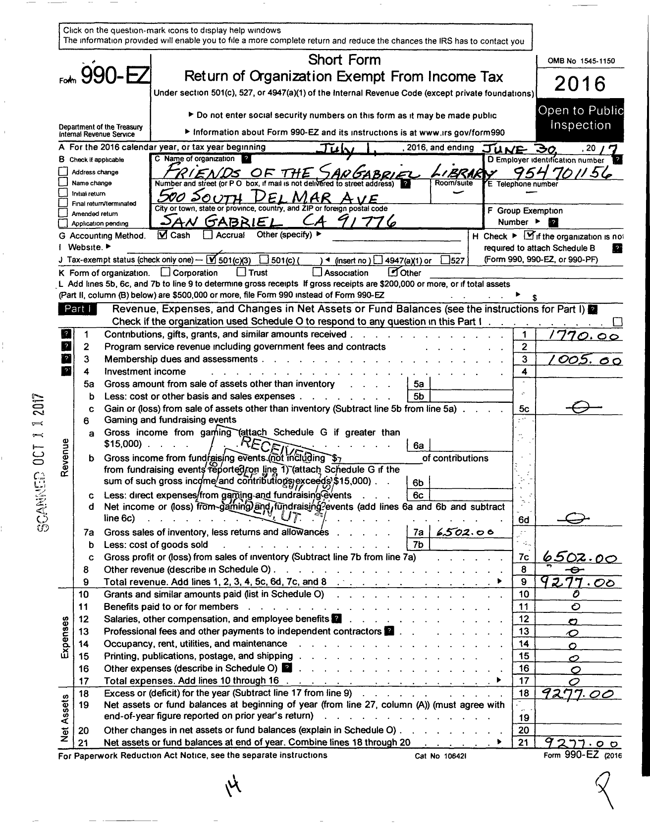 Image of first page of 2016 Form 990EZ for Friends of the San Gabriel Library