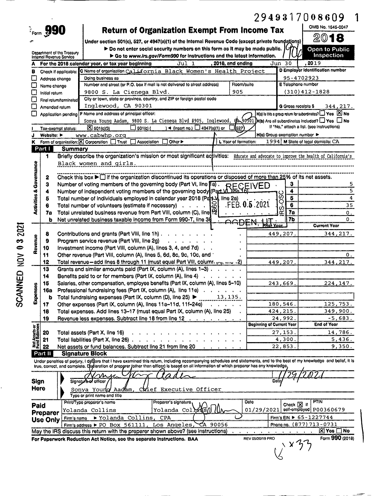 Image of first page of 2018 Form 990 for California Black Womens Health Project