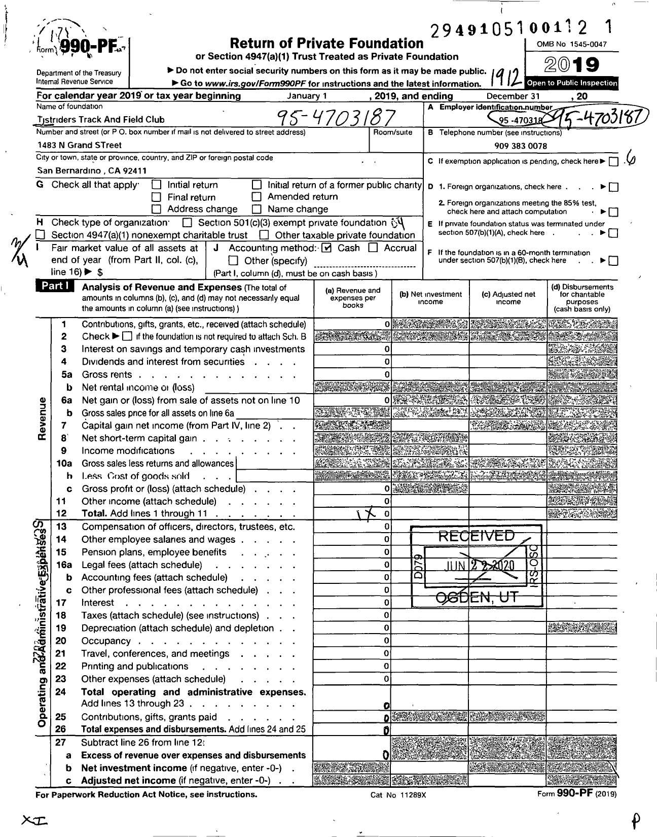 Image of first page of 2019 Form 990PF for TJ Striders Track and Field Club