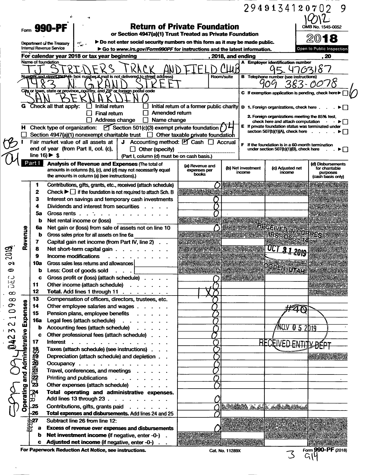 Image of first page of 2018 Form 990PF for TJ Striders Track and Field Club