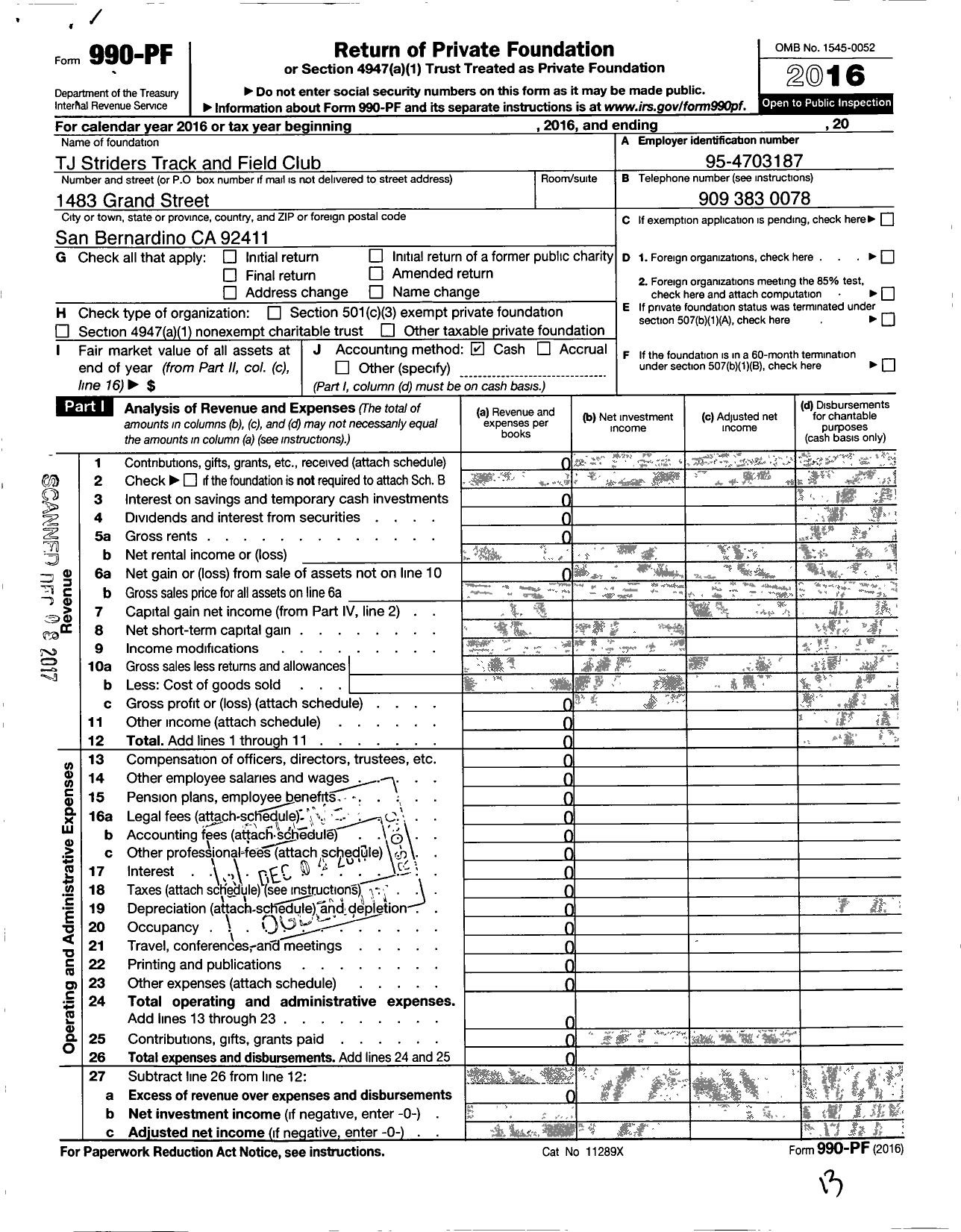 Image of first page of 2016 Form 990PF for TJ Striders Track and Field Club